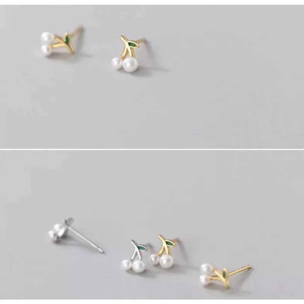 NEW Women's‎ Earrings Gold Plated S925 Dainty Cherries Studs Size 0.7 x 0.3 cm